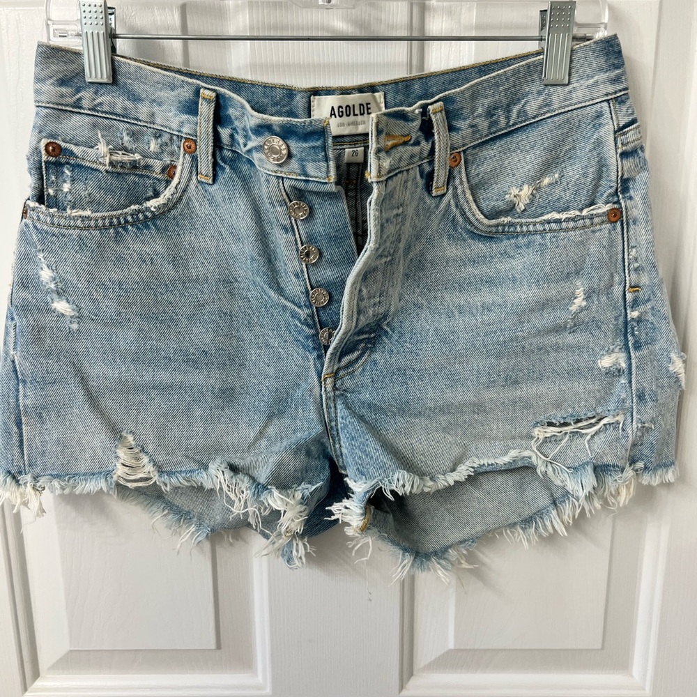 Agolde Parker Long Cutoff Shorts- Light Blue